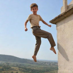 A brave boy leaping fearlessly from a high place, while his group of 10 friends are awaiting below, poised to catch him