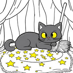 A kawaii-style coloring page featuring a cozy scene