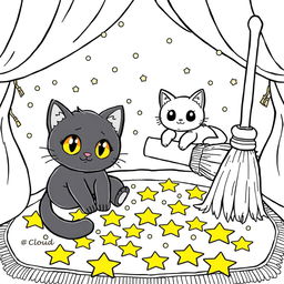 A kawaii-style coloring page featuring a cozy scene