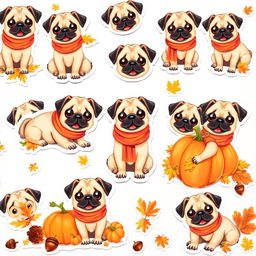 A collection of delightful stickers featuring a cute pug in an autumn setting on a white background