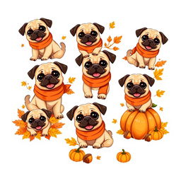 A collection of delightful stickers featuring a cute pug in an autumn setting on a white background