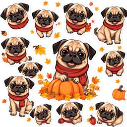 A collection of delightful stickers featuring a cute pug in an autumn setting on a white background