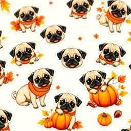 A collection of delightful stickers featuring a cute pug in an autumn setting on a white background