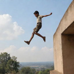 A brave boy leaping fearlessly from a high place, while his group of 10 friends are awaiting below, poised to catch him