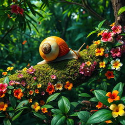 A vibrant jungle scene featuring a large, colorful snail positioned on a moss-covered tree branch