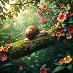 A vibrant jungle scene featuring a large, colorful snail positioned on a moss-covered tree branch