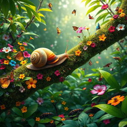 A vibrant jungle scene featuring a large, colorful snail positioned on a moss-covered tree branch