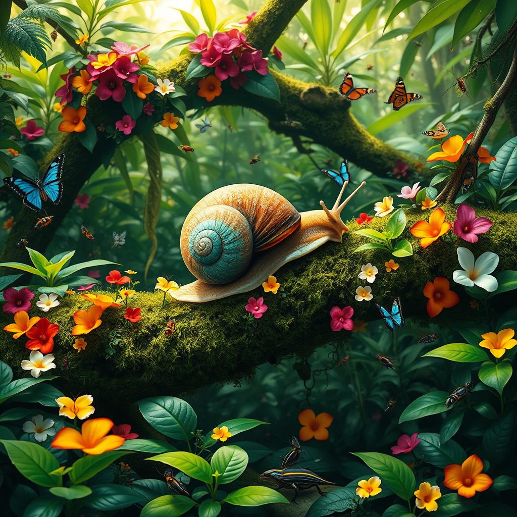 A vibrant jungle scene featuring a large, colorful snail positioned on a moss-covered tree branch