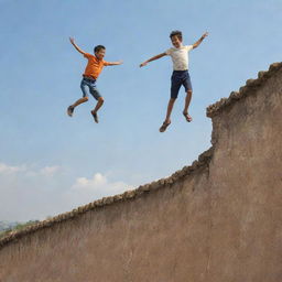 A brave boy leaping fearlessly from a high place, while his group of 10 friends are awaiting below, poised to catch him