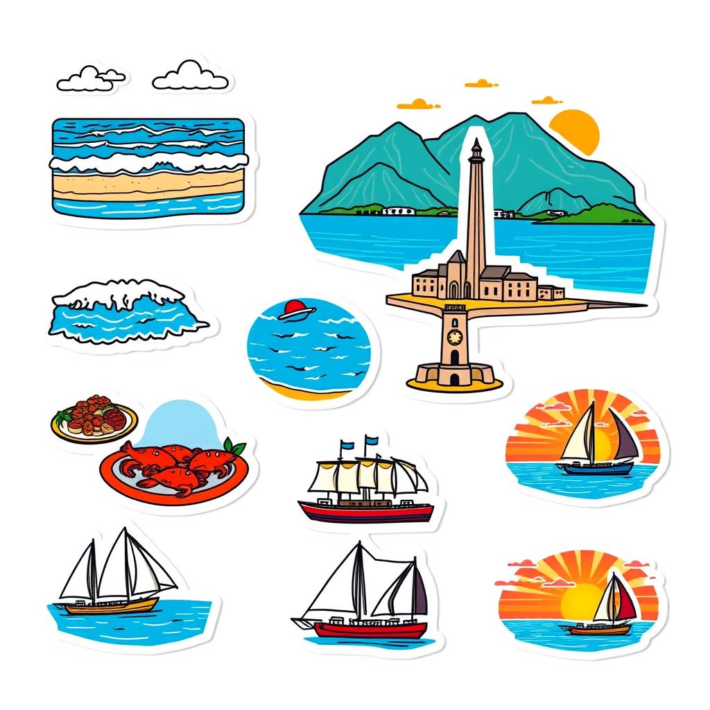 A collection of charming stickers featuring the coastal city of Novorossiysk on a white background