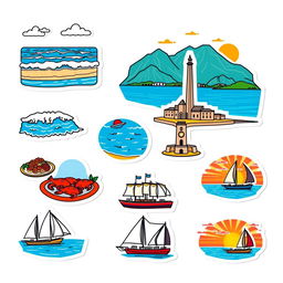 A collection of charming stickers featuring the coastal city of Novorossiysk on a white background