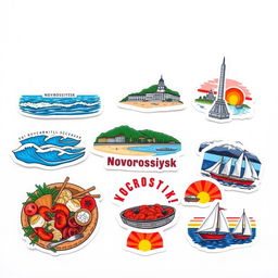 A collection of charming stickers featuring the coastal city of Novorossiysk on a white background