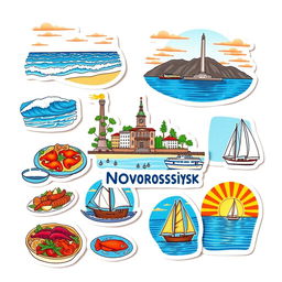 A collection of charming stickers featuring the coastal city of Novorossiysk on a white background