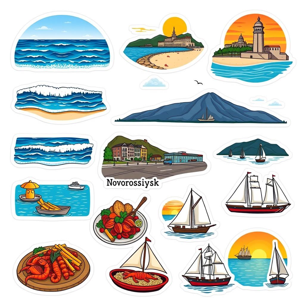 A collection of charming stickers featuring the coastal city of Novorossiysk on a white background