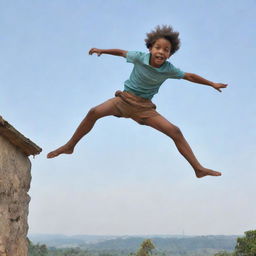 A brave boy leaping fearlessly from a high place, while his group of 10 friends are awaiting below, poised to catch him