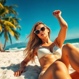 A sexy, confident young woman relaxing on a sunny beach during summer, wearing a stylish bikini and sunglasses