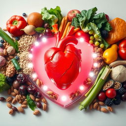 A vibrant and radiant heart symbolizing the importance of a healthy diet, centrally positioned in the composition