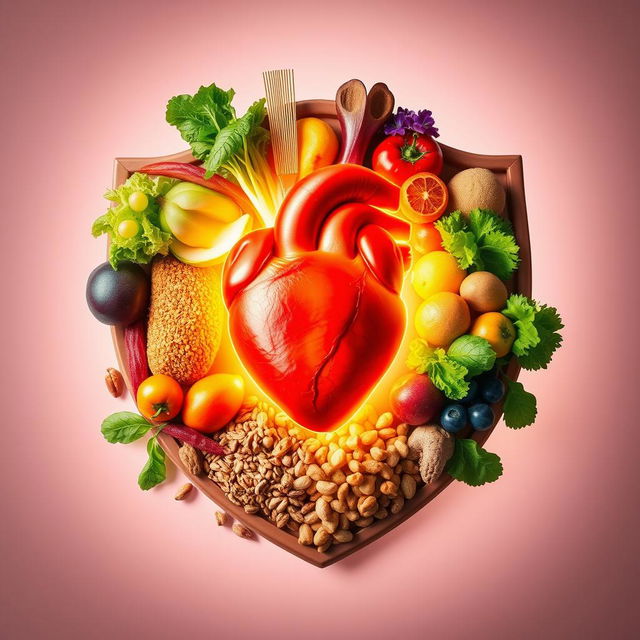 A vibrant and radiant heart symbolizing the importance of a healthy diet, centrally positioned in the composition