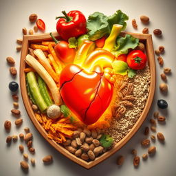 A vibrant and radiant heart symbolizing the importance of a healthy diet, centrally positioned in the composition