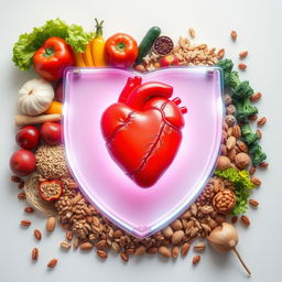 A vibrant and radiant heart symbolizing the importance of a healthy diet, centrally positioned in the composition