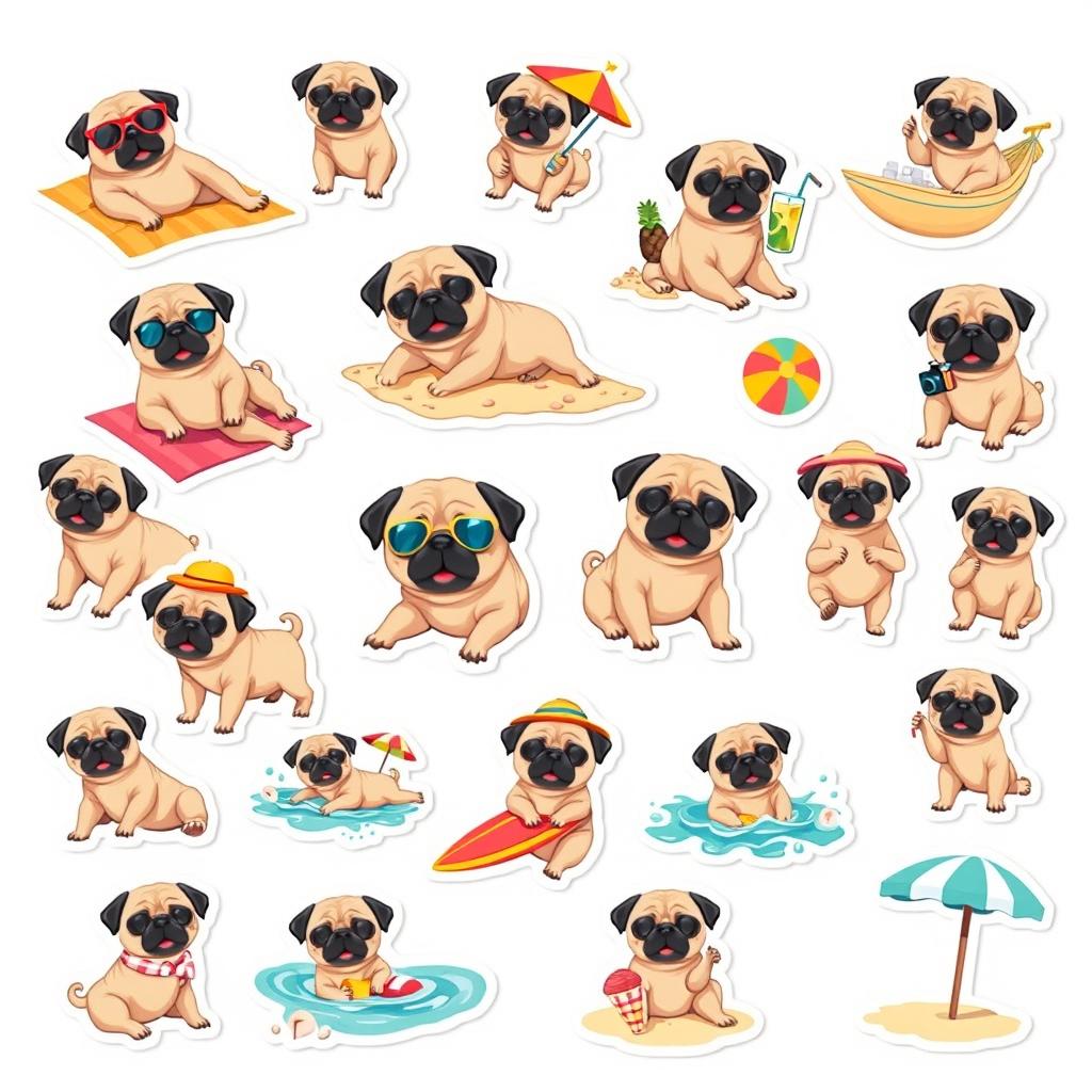 A collection of 15 individual stickers featuring a cute pug enjoying a vacation on a white background