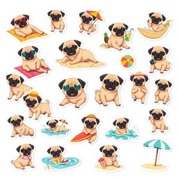 A collection of 15 individual stickers featuring a cute pug enjoying a vacation on a white background