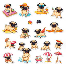 A collection of 15 individual stickers featuring a cute pug enjoying a vacation on a white background