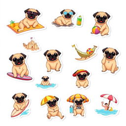 A collection of 15 individual stickers featuring a cute pug enjoying a vacation on a white background