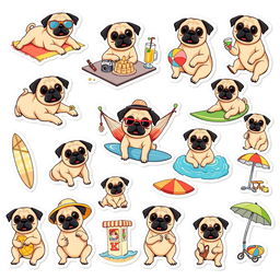 A collection of 15 individual stickers featuring a cute pug enjoying a vacation on a white background