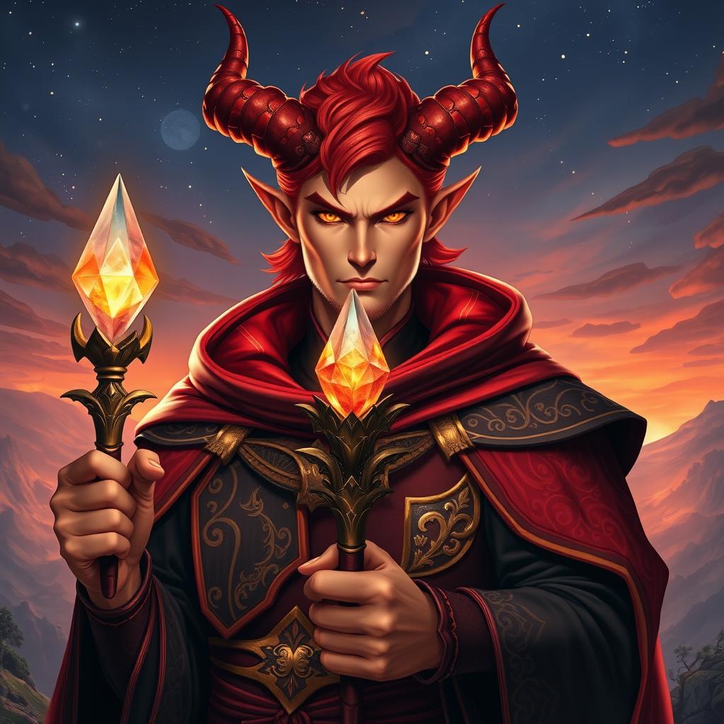 An imposing male red mage with stylishly curved horns prominently displayed on his forehead