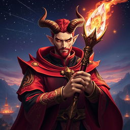 An imposing male red mage with stylishly curved horns prominently displayed on his forehead