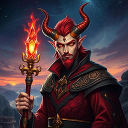 An imposing male red mage with stylishly curved horns prominently displayed on his forehead