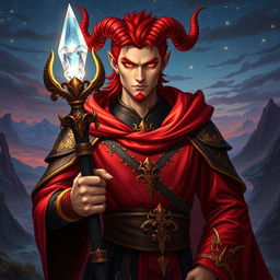 An imposing male red mage with stylishly curved horns prominently displayed on his forehead