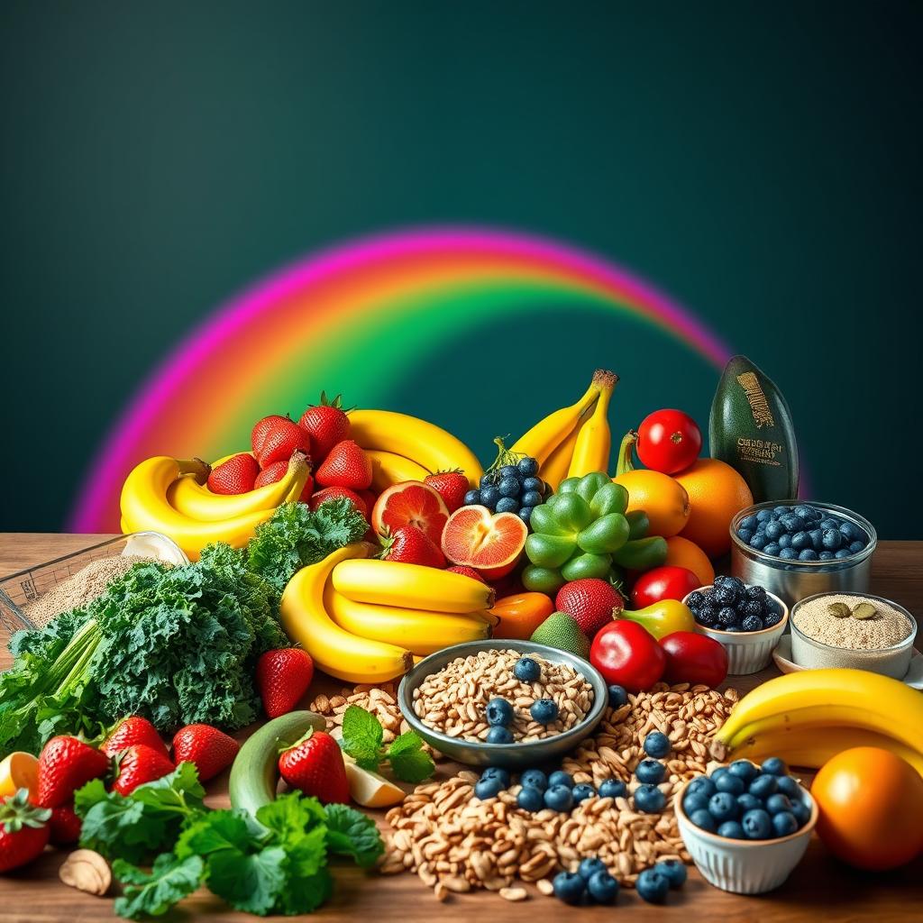 A dynamic rainbow gracefully arching over a beautifully arranged table full of colorful fruits, vegetables, whole grains, and nuts