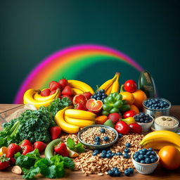 A dynamic rainbow gracefully arching over a beautifully arranged table full of colorful fruits, vegetables, whole grains, and nuts