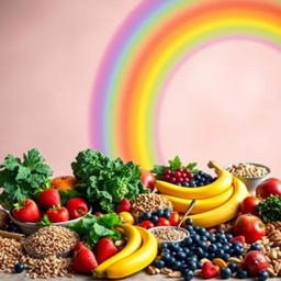 A dynamic rainbow gracefully arching over a beautifully arranged table full of colorful fruits, vegetables, whole grains, and nuts