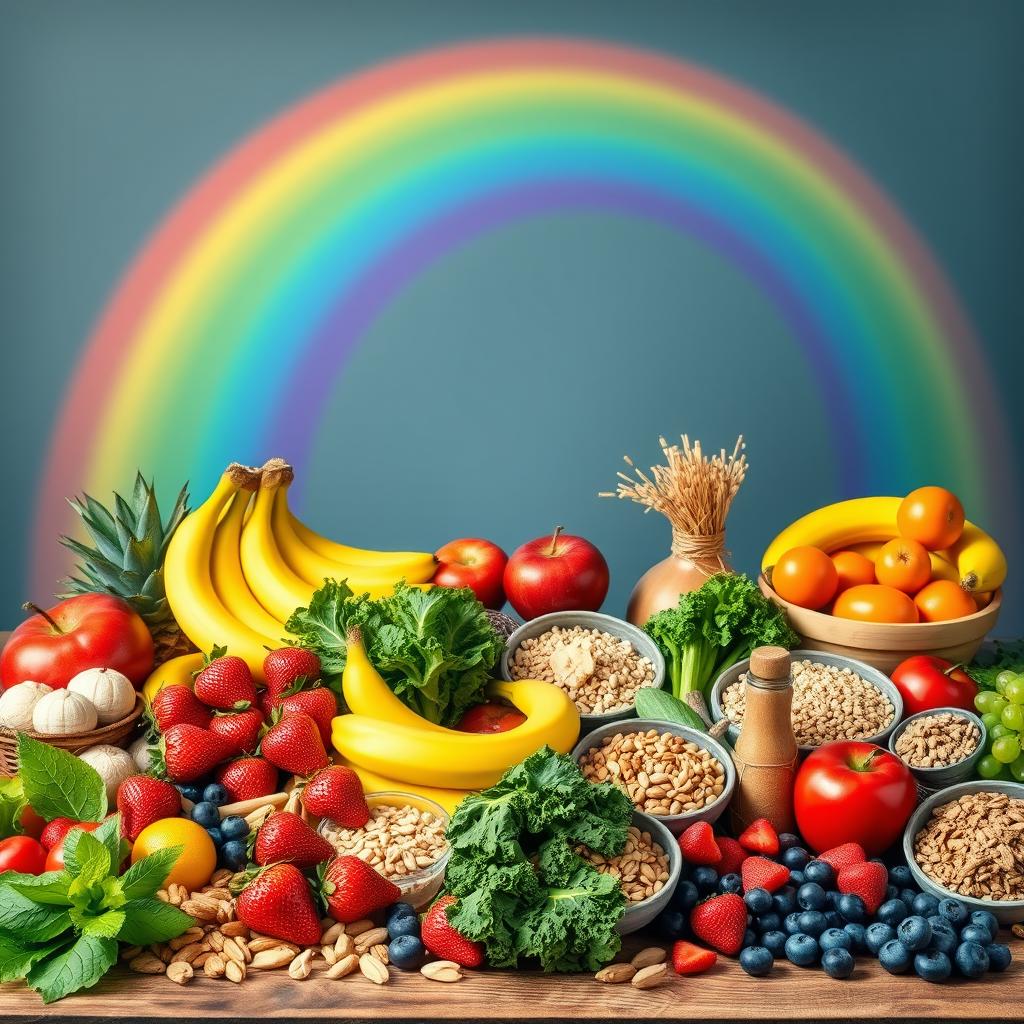 A dynamic rainbow gracefully arching over a beautifully arranged table full of colorful fruits, vegetables, whole grains, and nuts