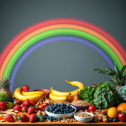 A dynamic rainbow gracefully arching over a beautifully arranged table full of colorful fruits, vegetables, whole grains, and nuts