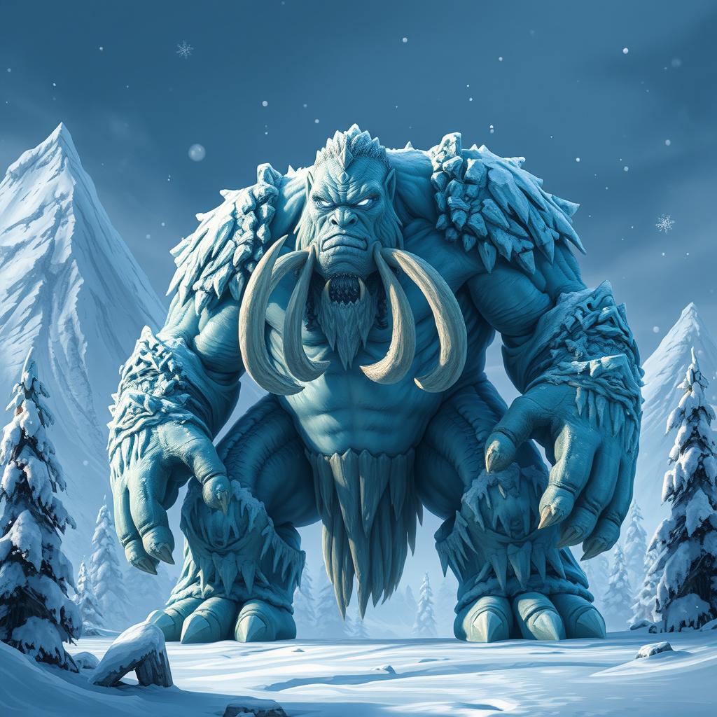 A large, enormous frost orc standing tall and imposing in a frozen landscape