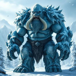 A large, enormous frost orc standing tall and imposing in a frozen landscape