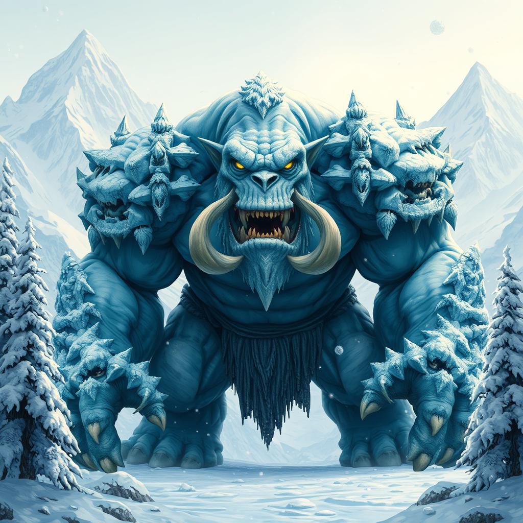 A large, enormous frost orc standing tall and imposing in a frozen landscape