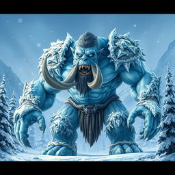 A large, enormous frost orc standing tall and imposing in a frozen landscape