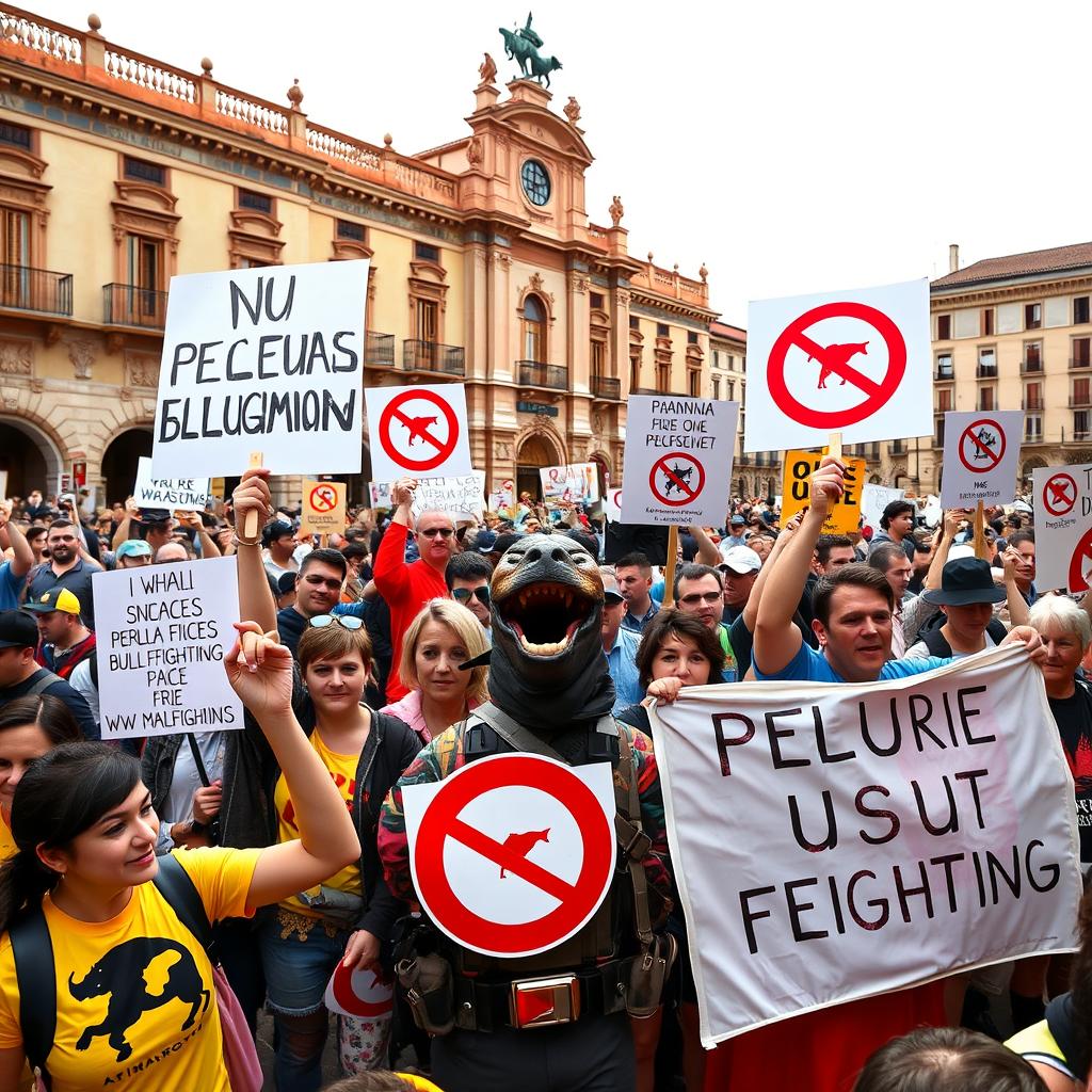 A powerful protest scene depicting anti-bullfighting activists passionately holding signs and banners against bullfighting