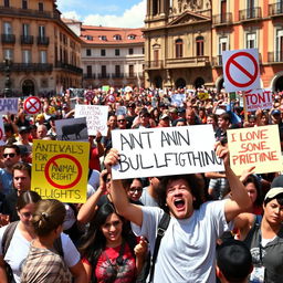 A powerful protest scene depicting anti-bullfighting activists passionately holding signs and banners against bullfighting