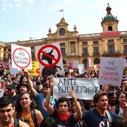 A powerful protest scene depicting anti-bullfighting activists passionately holding signs and banners against bullfighting