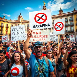 A powerful protest scene depicting anti-bullfighting activists passionately holding signs and banners against bullfighting