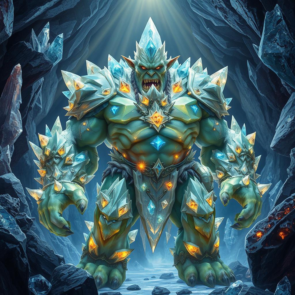 A large, enormous crystal orc standing proudly in a dazzling gemstone cavern