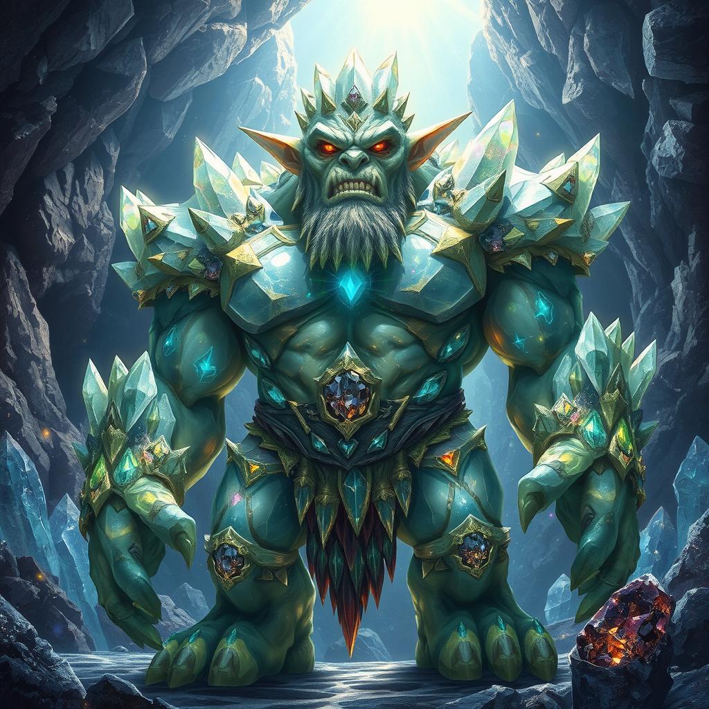 A large, enormous crystal orc standing proudly in a dazzling gemstone cavern