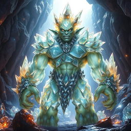 A large, enormous crystal orc standing proudly in a dazzling gemstone cavern