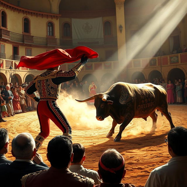 An intense depiction of a traditional bullfighting scene, capturing the dramatic tension between the matador and the bull